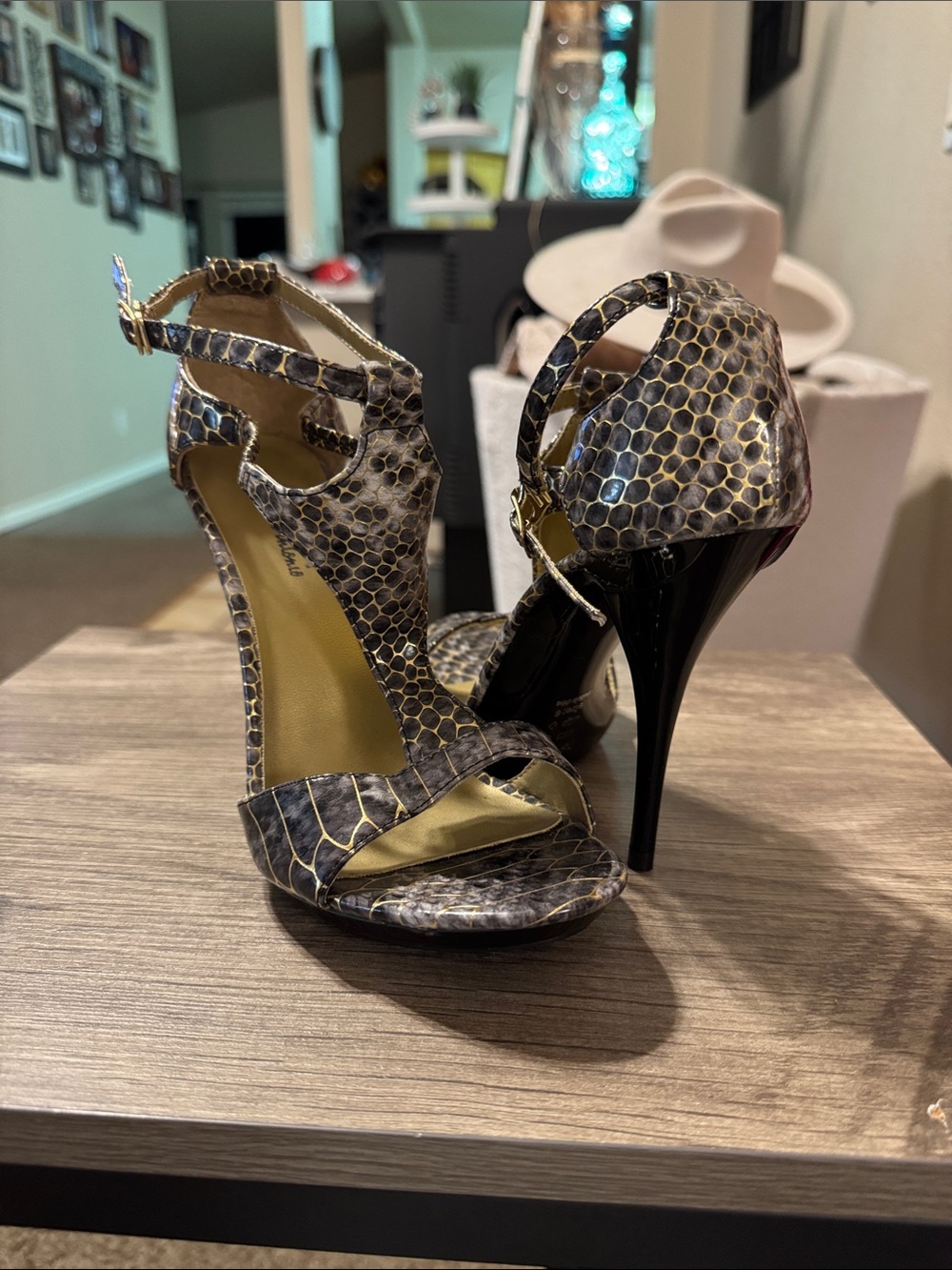 Michael Antonio Snake-Print Ankle Strap High Heels - Black/Brown/Gold